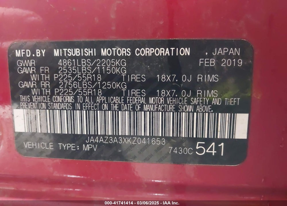 2019 MITSUBISHI OUTLANDER VIN: JA4AZ3A3XKZ041653