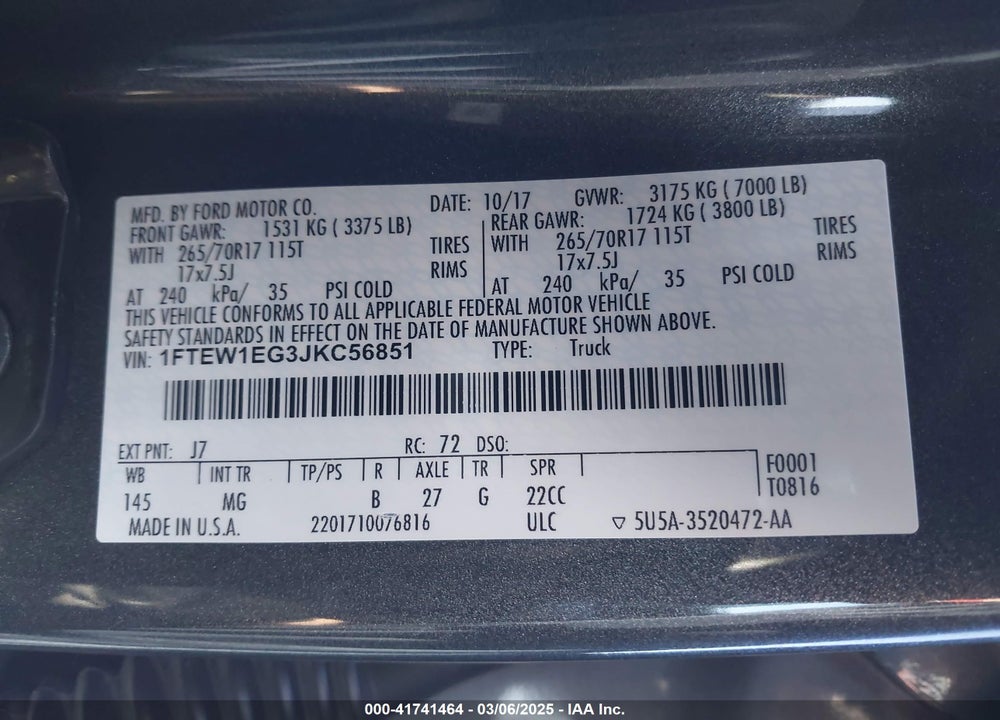 2018 FORD F150 VIN: 1FTEW1EG3JKC56851