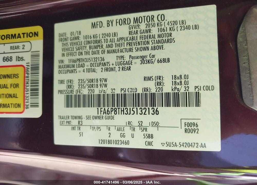 2018 FORD MUSTANG ECOBOOST VIN: 1FA6P8TH3J5132136