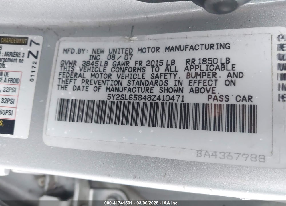 2008 PONTIAC VIBE VIN: 5Y2SL65848Z410471