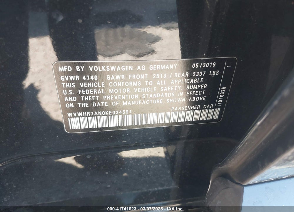 2019 VOLKSWAGEN ARTEON VIN: WVWHR7AN0KE024591