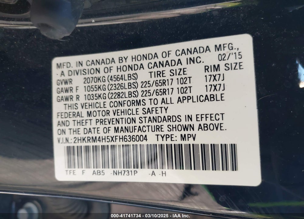 2015 HONDA CR-V VIN: 2HKRM4H5XFH636004