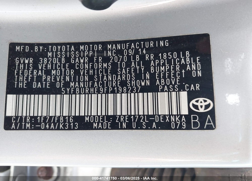 2015 TOYOTA COROLLA LE/LE PLUS/LE PREMIUM VIN: 5YFBURHE9FP198237