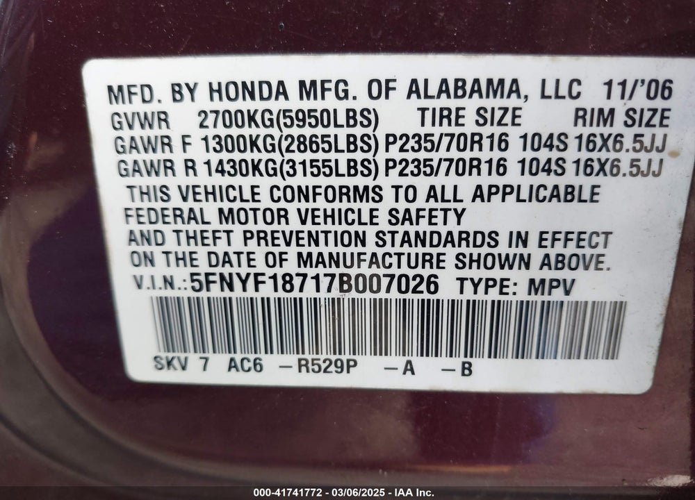 2007 HONDA PILOT VIN: 5FNYF18717B007026