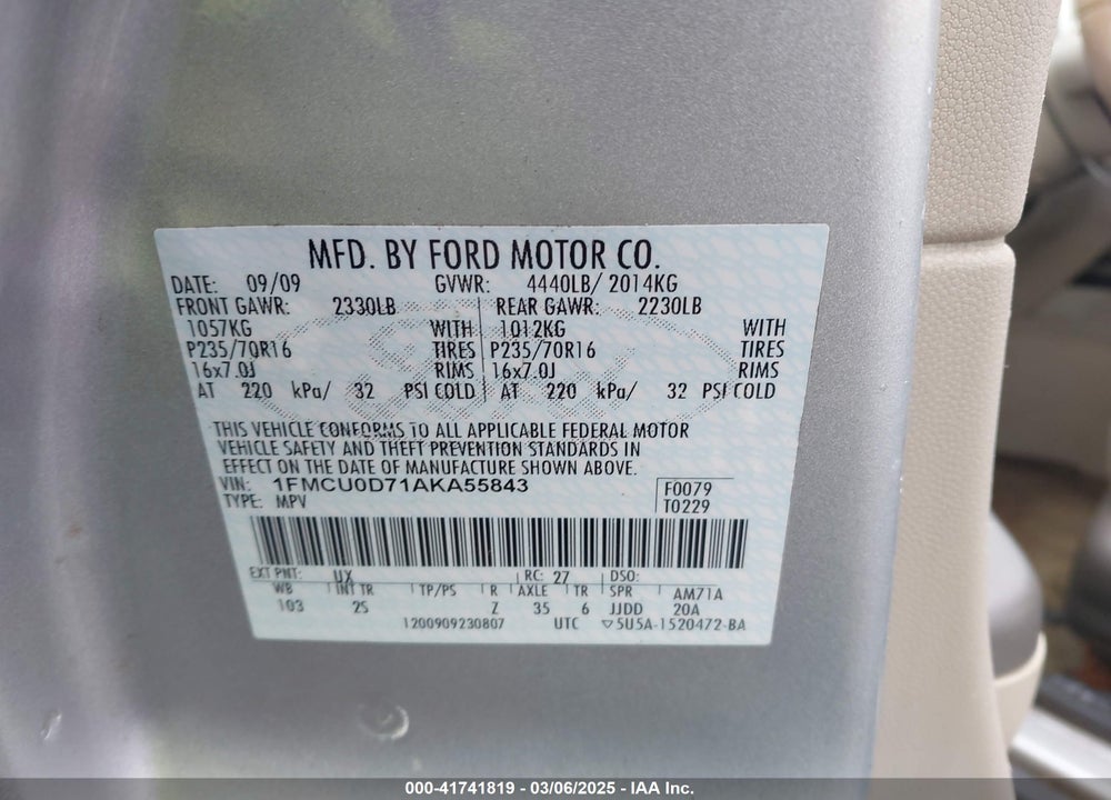 2010 FORD ESCAPE XLT VIN: 1FMCU0D71AKA55843