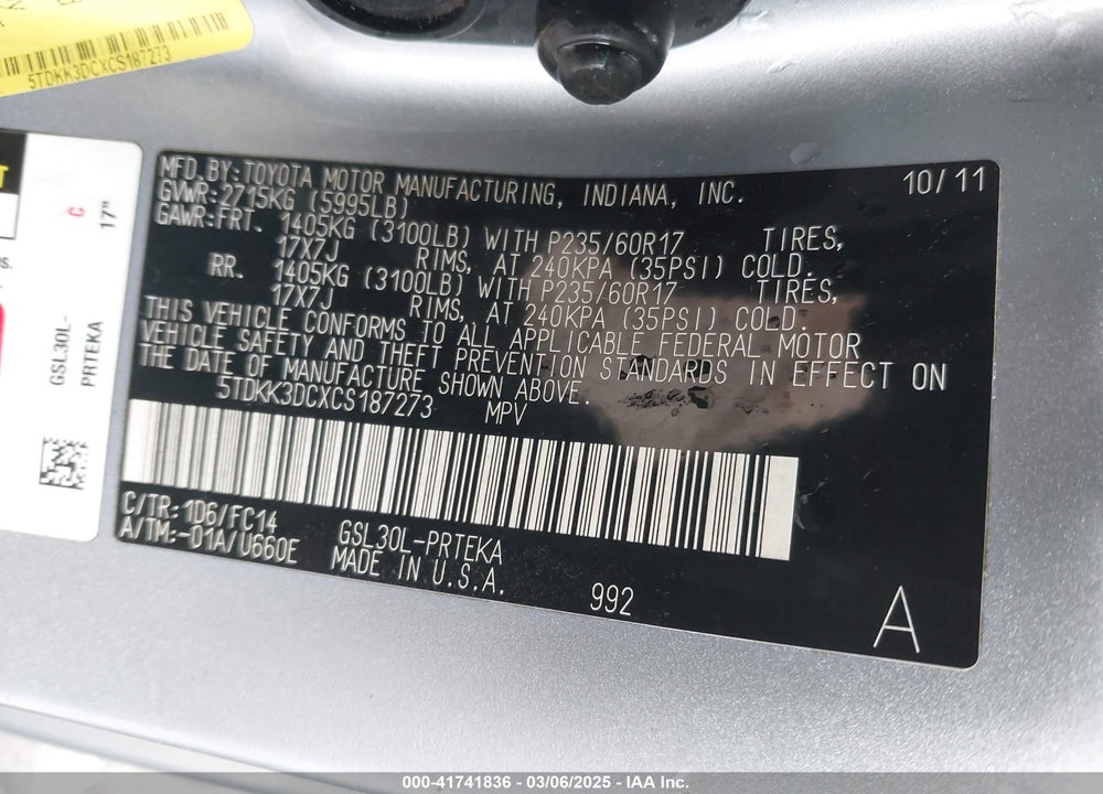 2012 TOYOTA SIENNA LE V6 8 PASSENGER VIN: 5TDKK3DCXCS187273