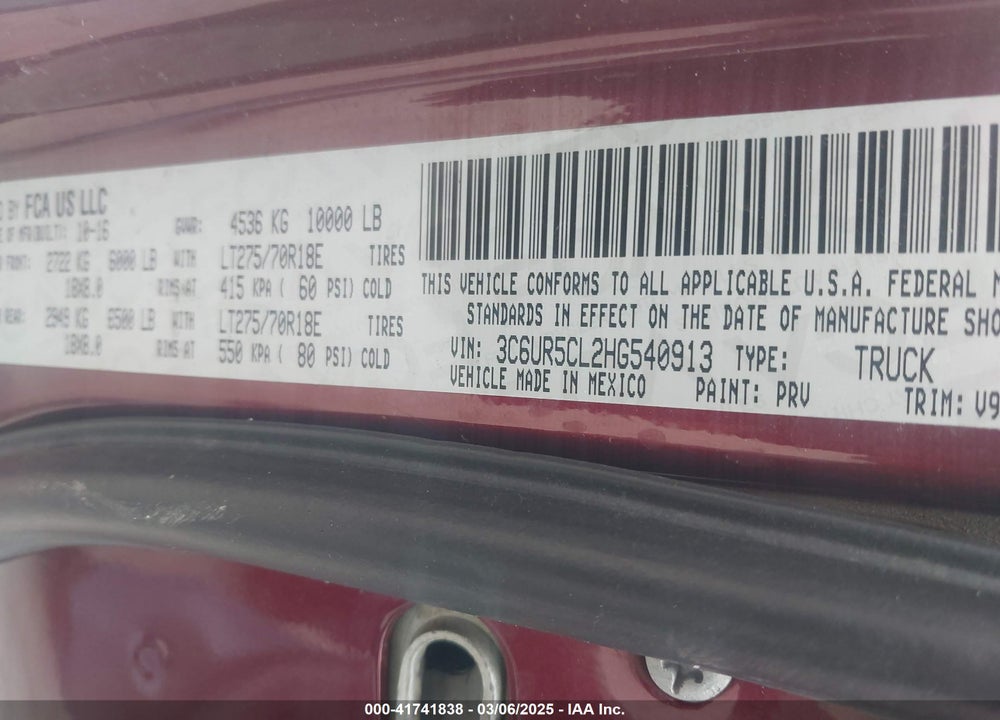 2017 RAM 2500 VIN: 3C6UR5CL2HG540913