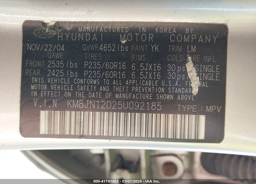 2005 HYUNDAI TUCSON GLS/LX VIN: KM8JN12D25U092185