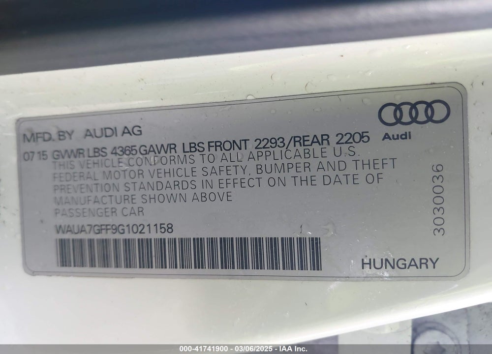 2016 AUDI A3 1.8T PREMIUM VIN: WAUA7GFF9G1021158