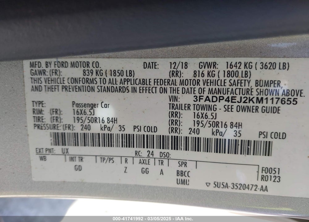 2019 FORD FIESTA VIN: 3FADP4EJ2KM117655