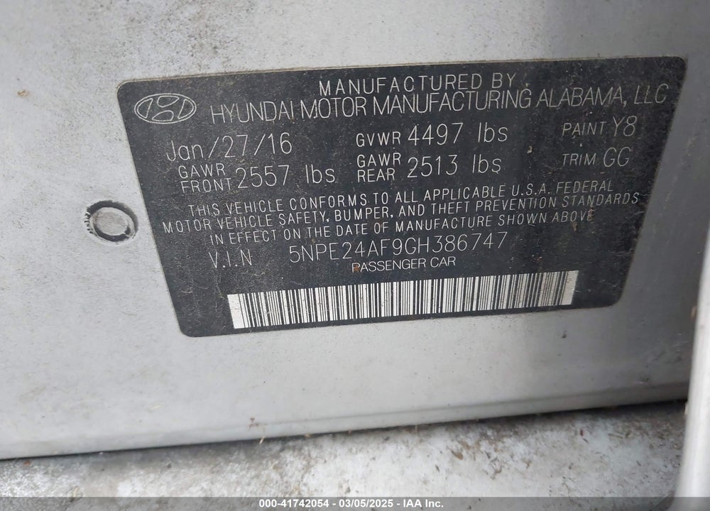 2016 HYUNDAI SONATA VIN: 5NPE24AF9GH386747