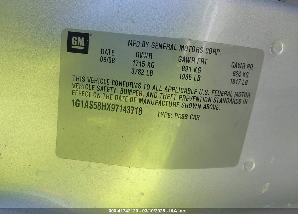 2009 CHEVROLET COBALT LS VIN: 1G1AS58HX97143718