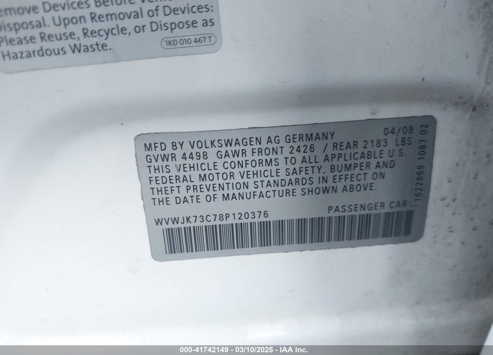 2008 VOLKSWAGEN PASSAT VIN: WVWJK73C78P120376