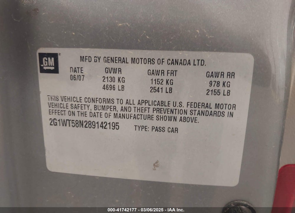 2008 CHEVROLET IMPALA LT VIN: 2G1WT58N289142195