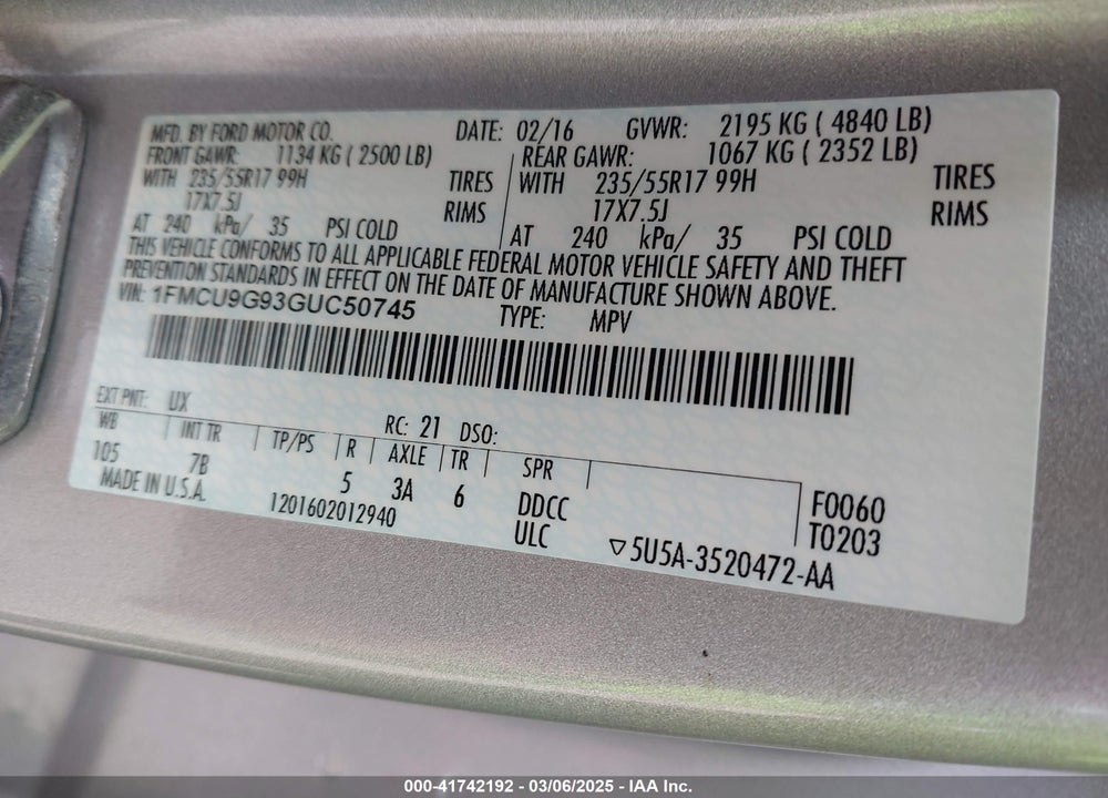 2016 FORD ESCAPE SE VIN: 1FMCU9G93GUC50745