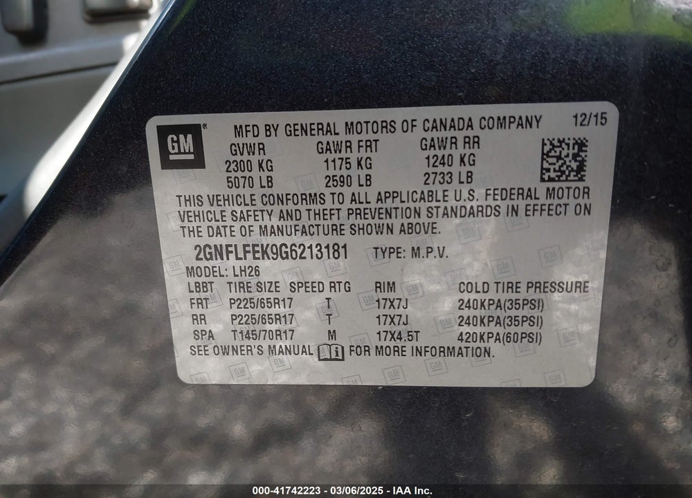 2016 CHEVROLET EQUINOX LT VIN: 2GNFLFEK9G6213181