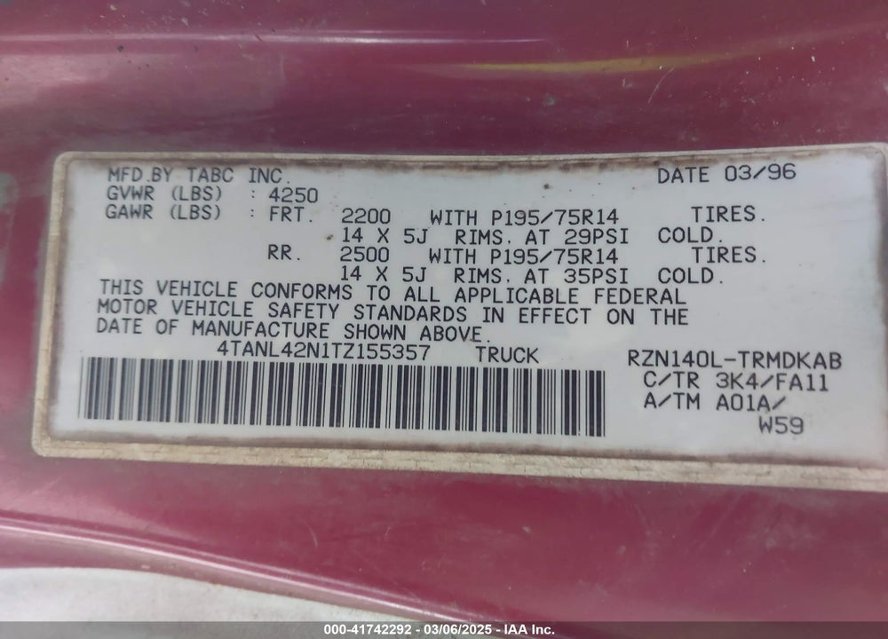 1996 TOYOTA TACOMA VIN: 4TANL42N1TZ155357