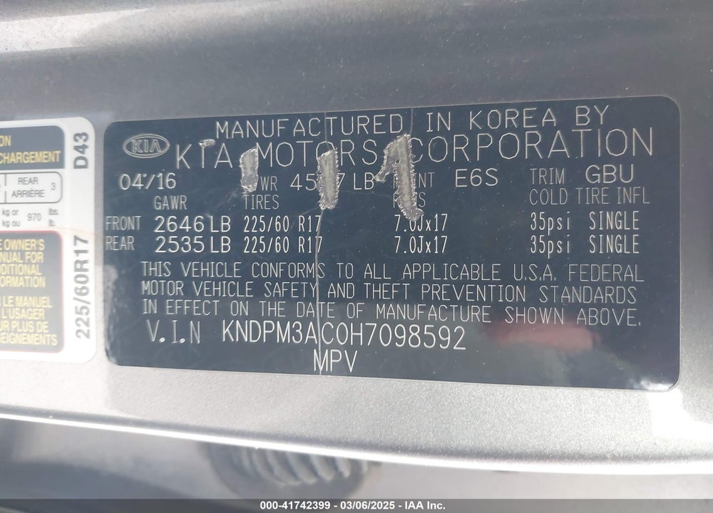 2017 KIA SPORTAGE VIN: KNDPM3AC0H7098592