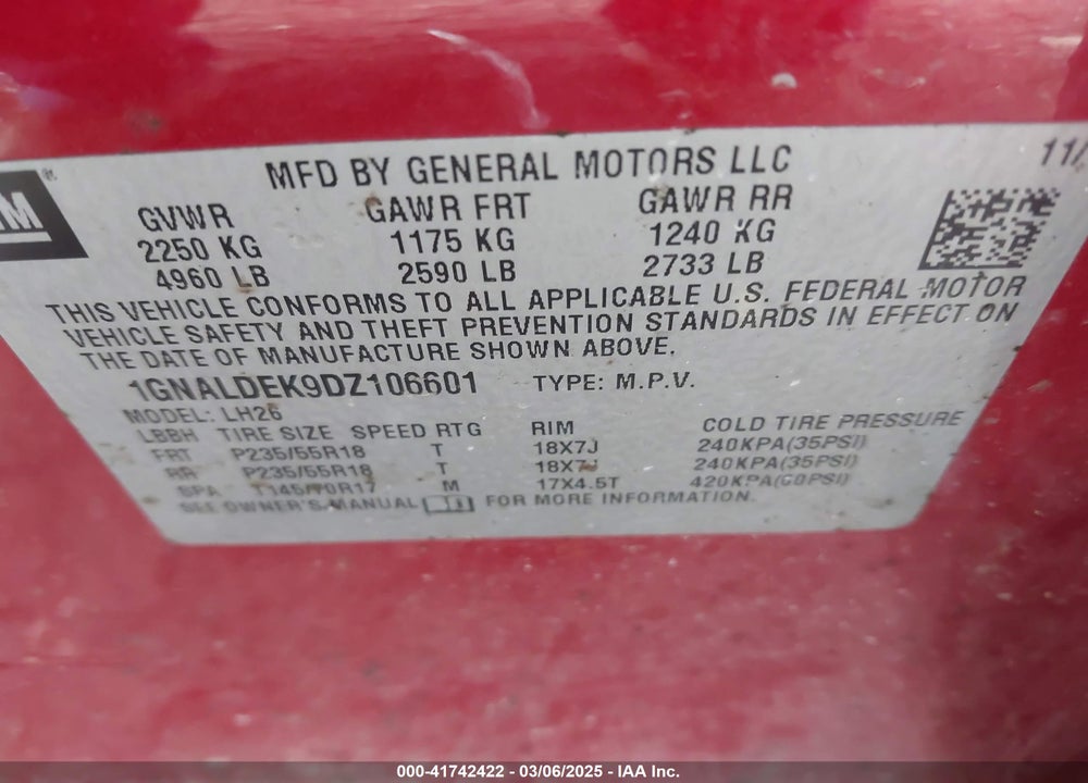 2013 CHEVROLET EQUINOX VIN: 1GNALDEK9DZ106601