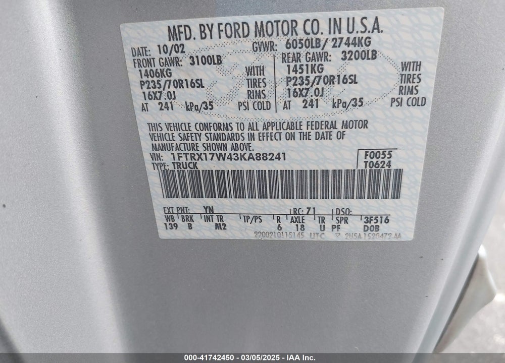 2003 FORD F-150 LARIAT/XL/XLT VIN: 1FTRX17W43KA88241