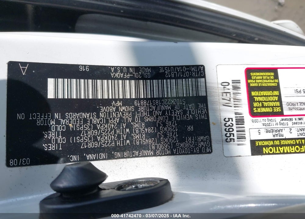 2008 TOYOTA SIENNA VIN: 5TDZK22C18S178819