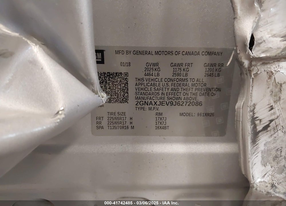 2018 CHEVROLET EQUINOX LT VIN: 2GNAXJEV9J6272086