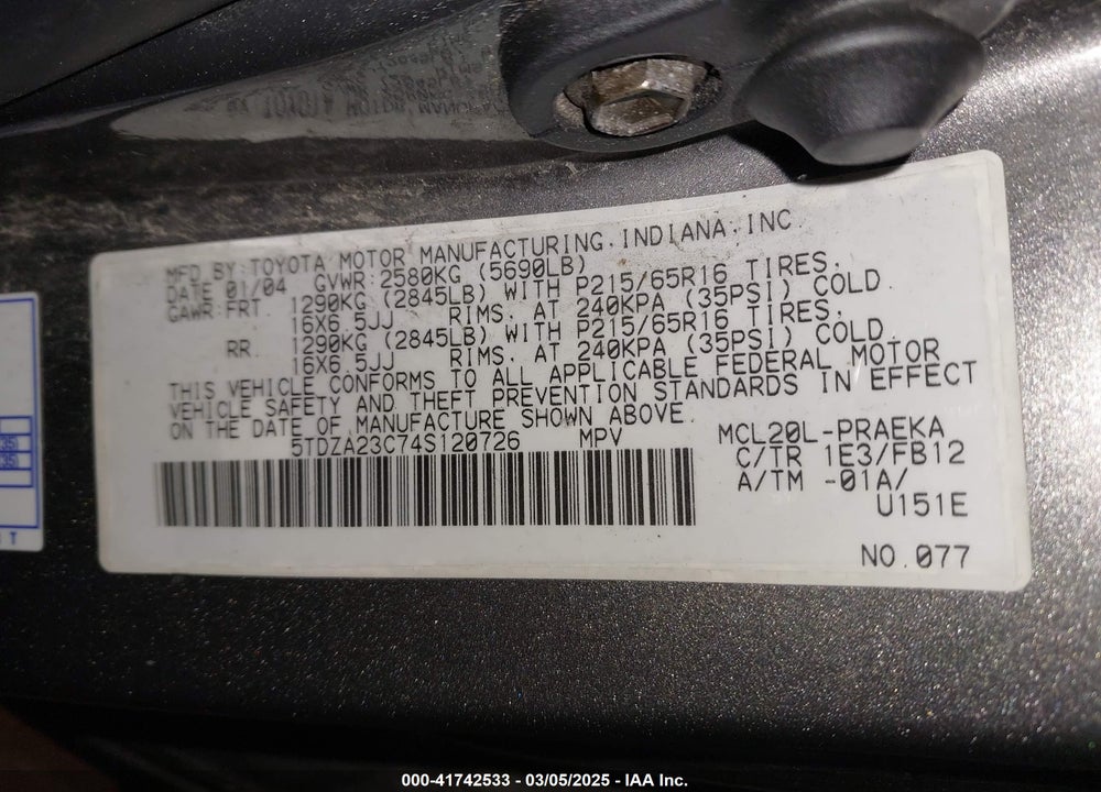 2004 TOYOTA SIENNA LE VIN: 5TDZA23C74S120726