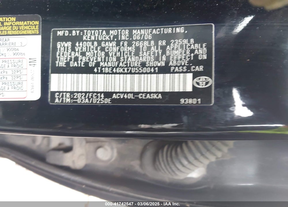 2007 TOYOTA CAMRY VIN: 4T1BE46KX7U550041