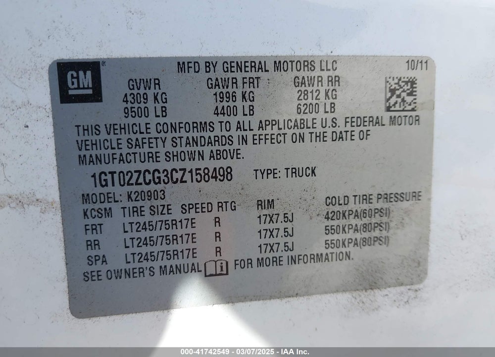 2012 GMC SIERRA VIN: 1GT02ZCG3CZ158498