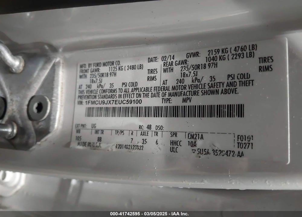 2014 FORD ESCAPE TITANIUM VIN: 1FMCU9JX7EUC59100