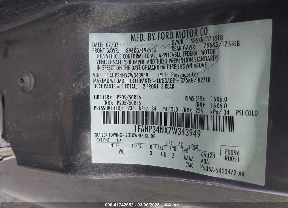 2007 FORD FOCUS VIN: 1FAHP34NX7W343949