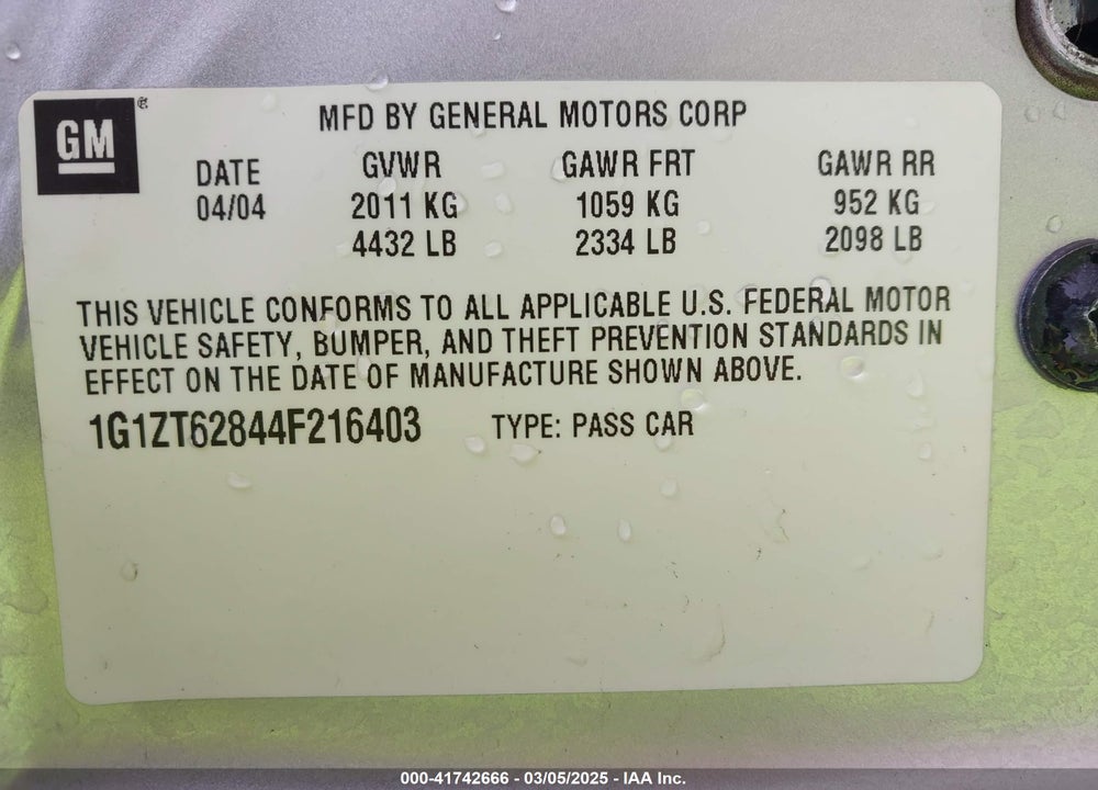 2004 CHEVROLET MALIBU MAXX VIN: 1G1ZT62844F216403
