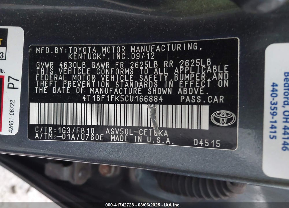 2012 TOYOTA CAMRY XLE VIN: 4T1BF1FK5CU166884