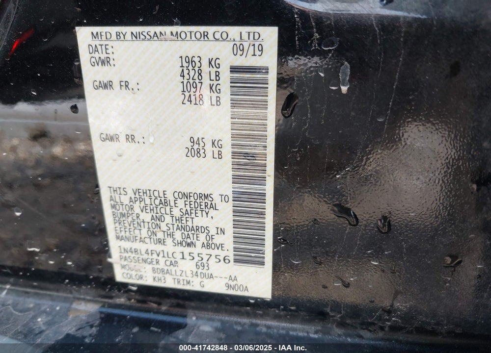 2020 NISSAN ALTIMA VIN: 1N4BL4FV1LC155756