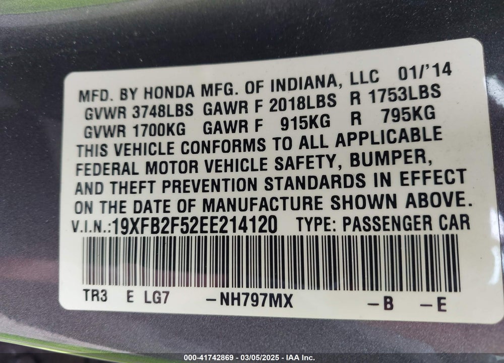 2014 HONDA CIVIC VIN: 19XFB2F52EE214120