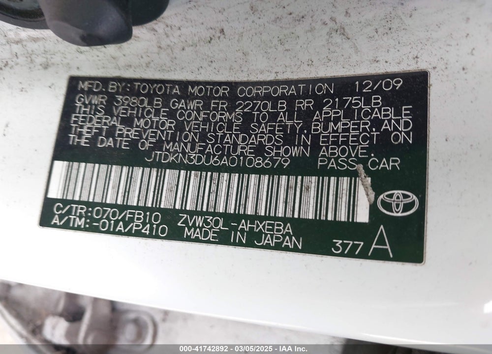 2010 TOYOTA PRIUS VIN: JTDKN3DU6A0108679