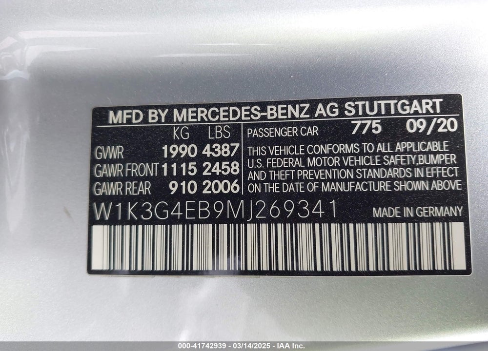 2021 MERCEDES-BENZ A-CLASS VIN: W1K3G4EB9MJ269341