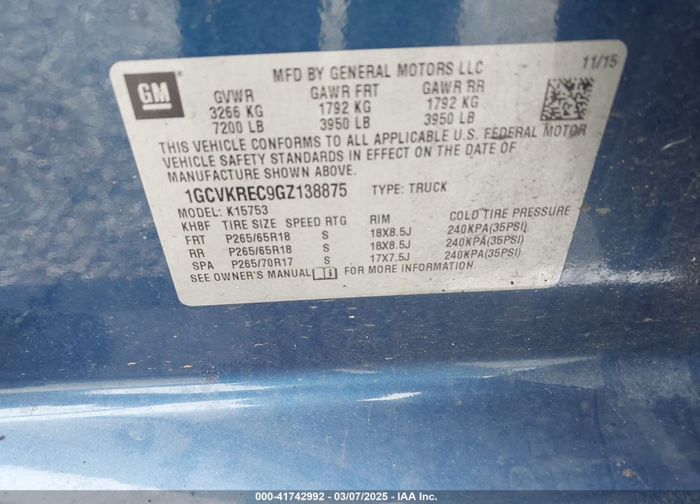 2016 CHEVROLET SILVERADO 1500 VIN: 1GCVKREC9GZ138875