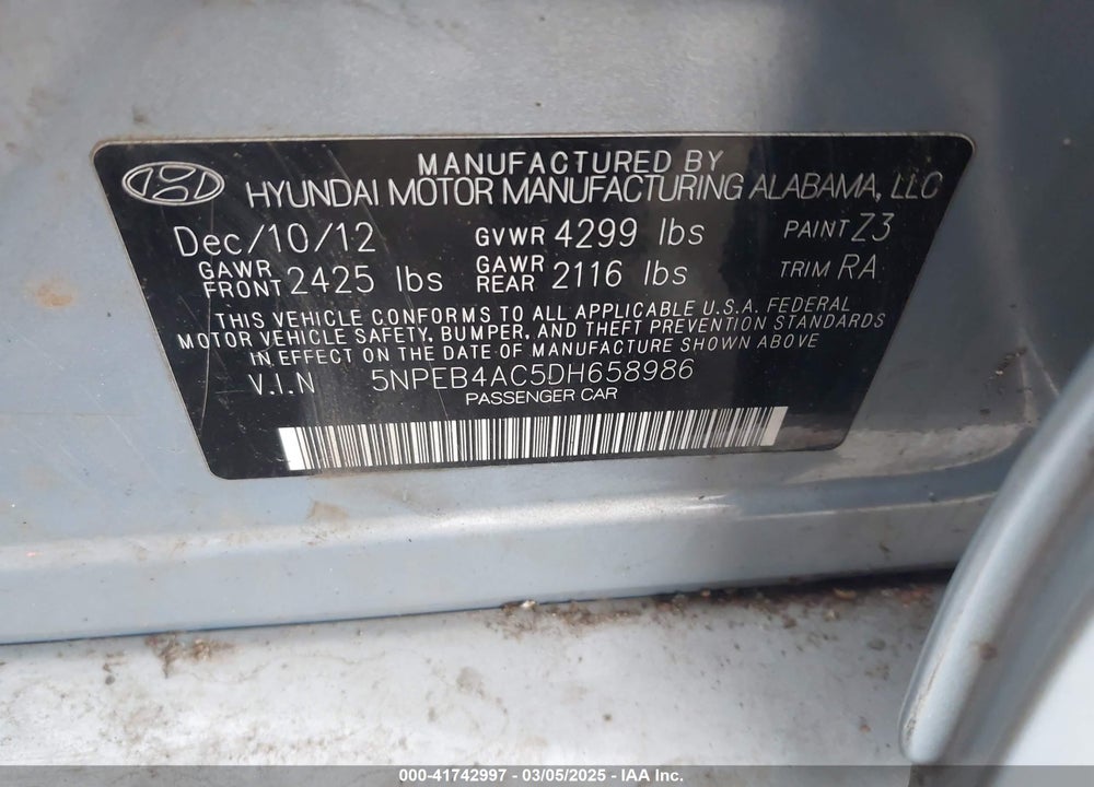 2013 HYUNDAI SONATA VIN: 5NPEB4AC5DH658986