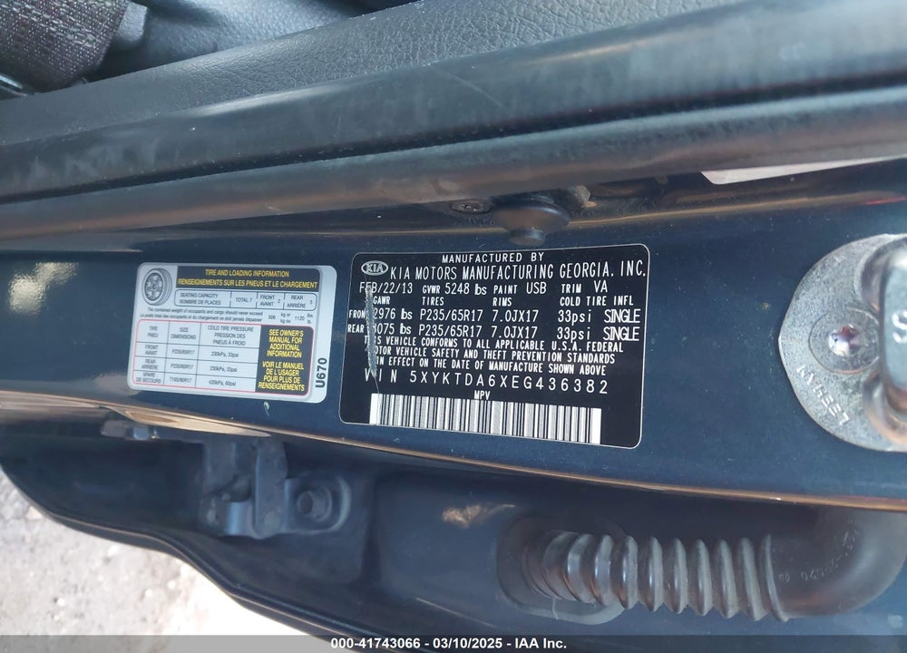 2014 KIA SORENTO VIN: 5XYKTDA6XEG436382