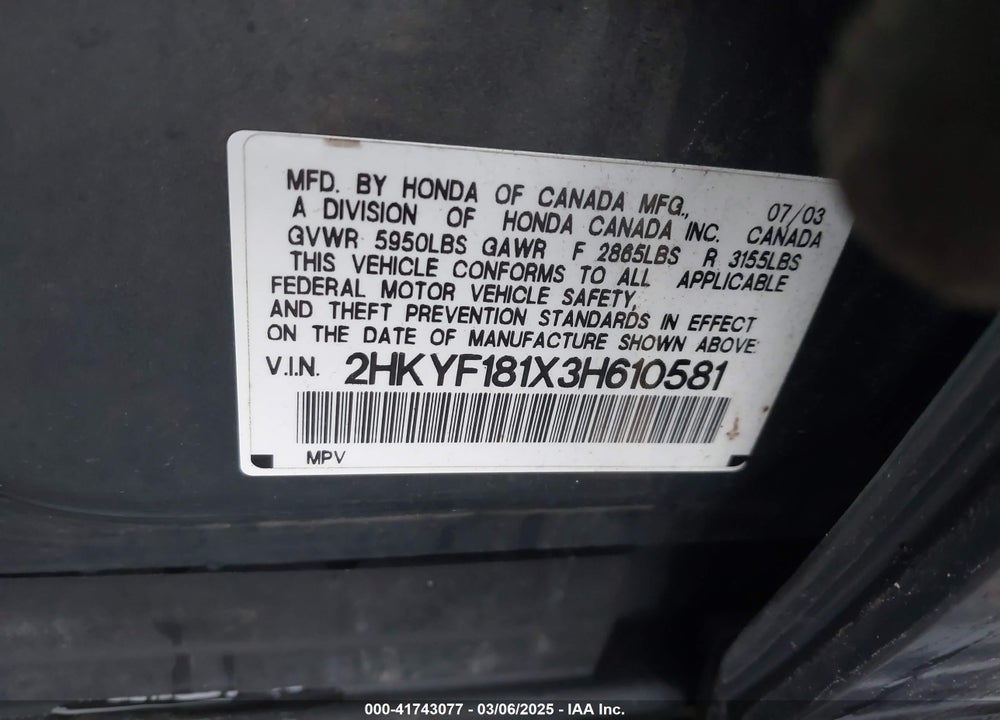 2003 HONDA PILOT LX VIN: 2HKYF181X3H610581