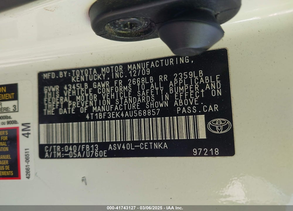 2010 TOYOTA CAMRY LE VIN: 4T1BF3EK4AU568857