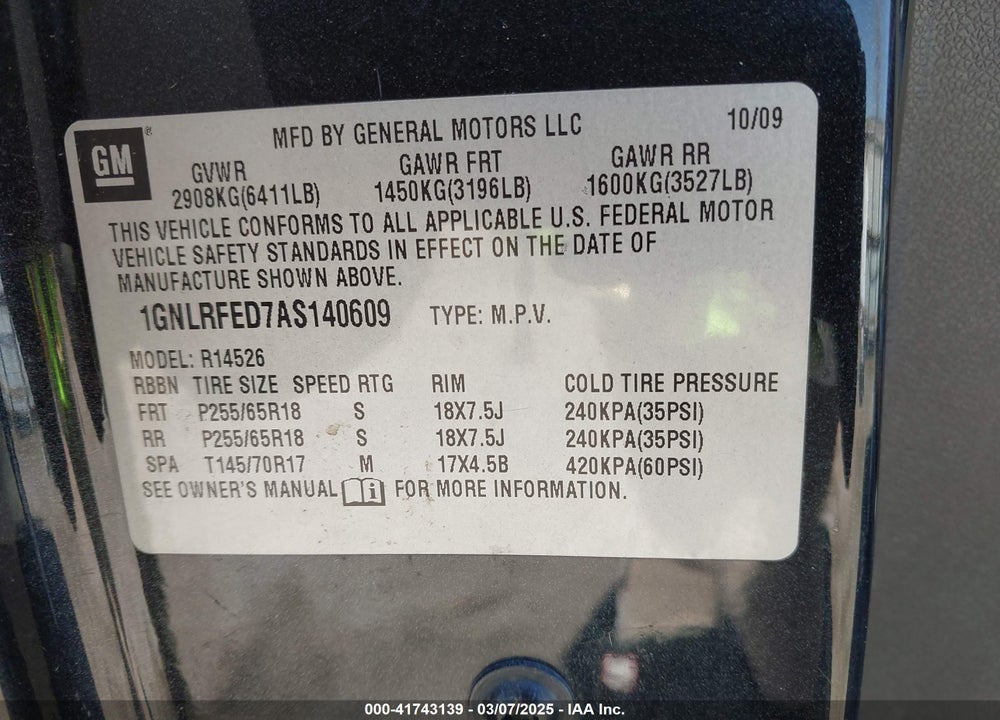 2010 CHEVROLET TRAVERSE VIN: 1GNLRFED7AS140609