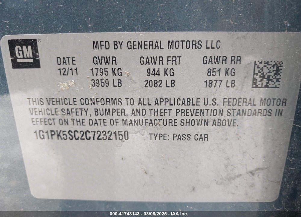 2012 CHEVROLET CRUZE VIN: 1G1PK5SC2C7232150