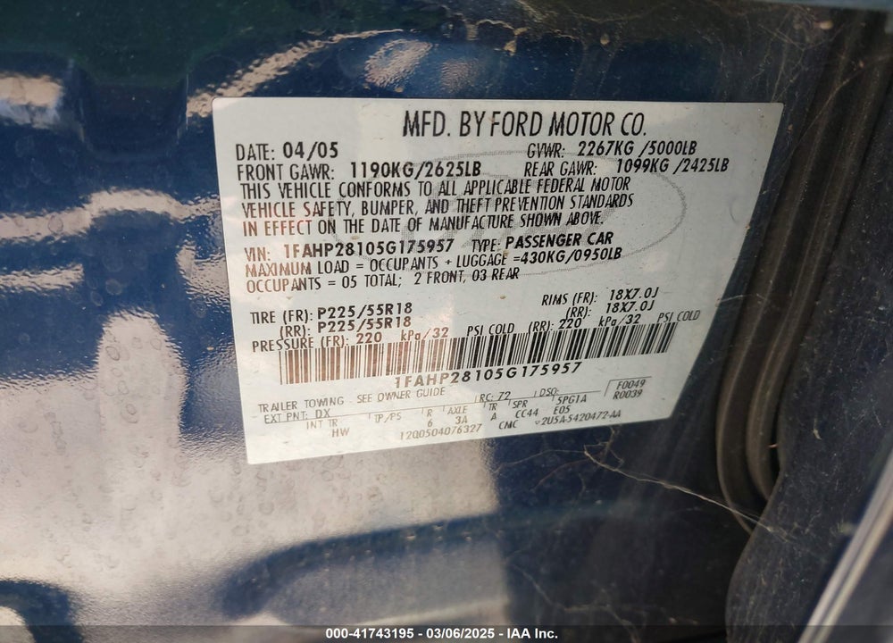 2005 FORD FIVE HUNDRED LIMITED VIN: 1FAHP28105G175957