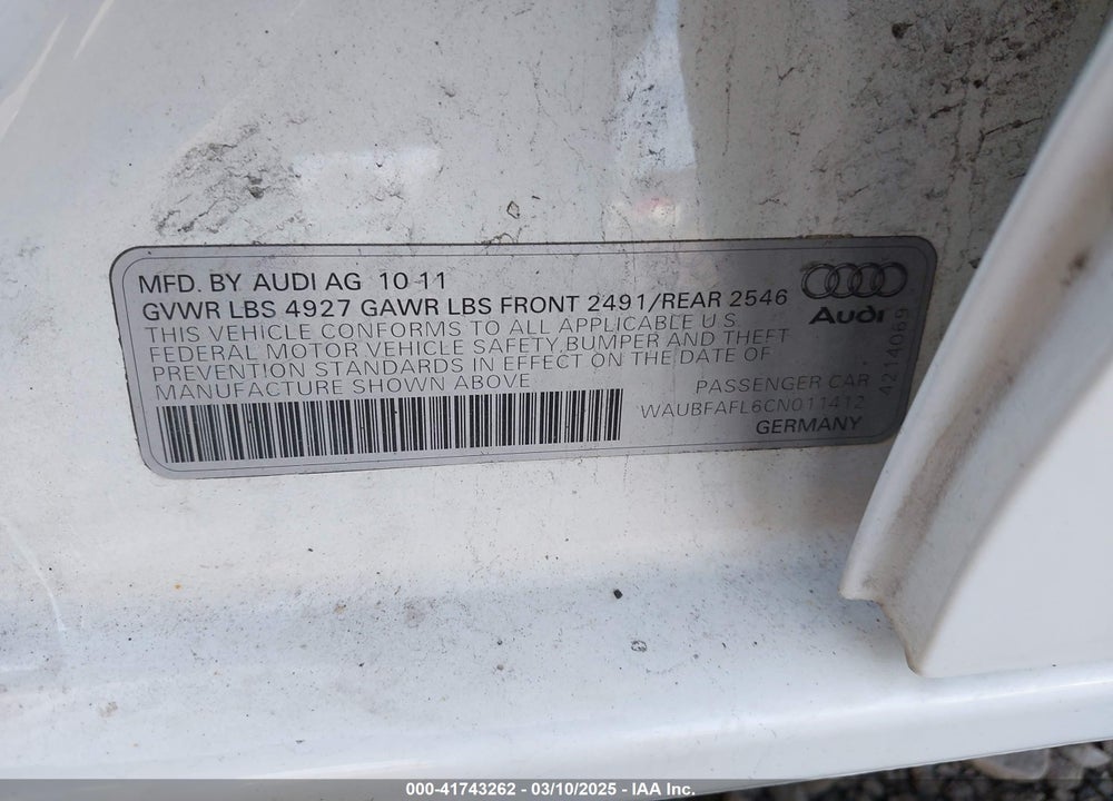 2012 AUDI A4 VIN: WAUBFAFL6CN011412