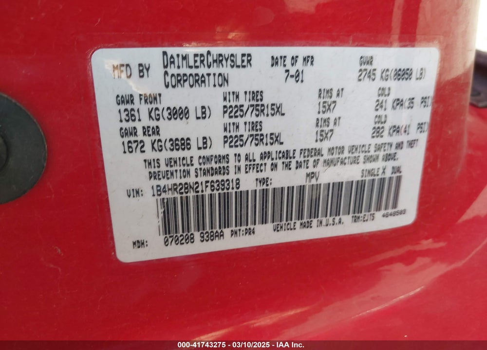 2001 DODGE DURANGO VIN: 1B4HR28N21F639318