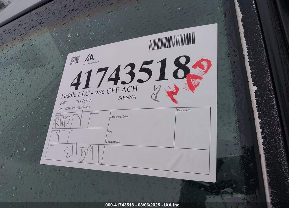 2002 TOYOTA SIENNA CE VIN: 4T3ZF19C72U474003