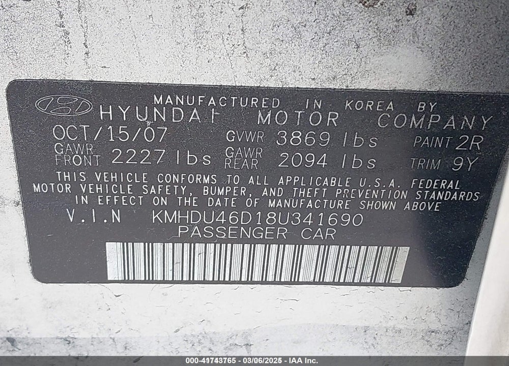 2008 HYUNDAI ELANTRA GLS/SE VIN: KMHDU46D18U341690