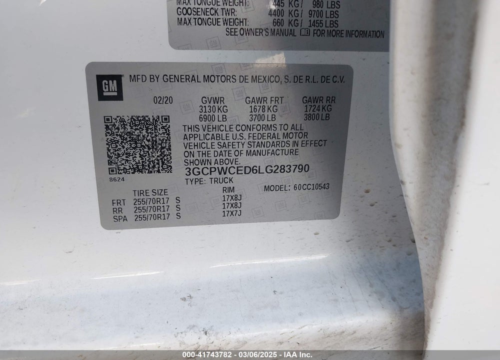 2020 CHEVROLET SILVERADO 1500 VIN: 3GCPWCED6LG283790